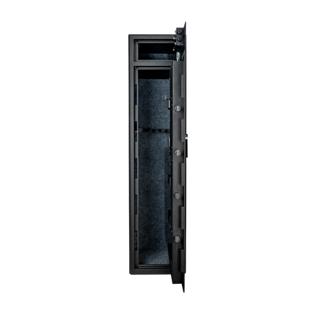 Spika S2 medium 8-gun safe with door open showing carpeted interior and rifle rack