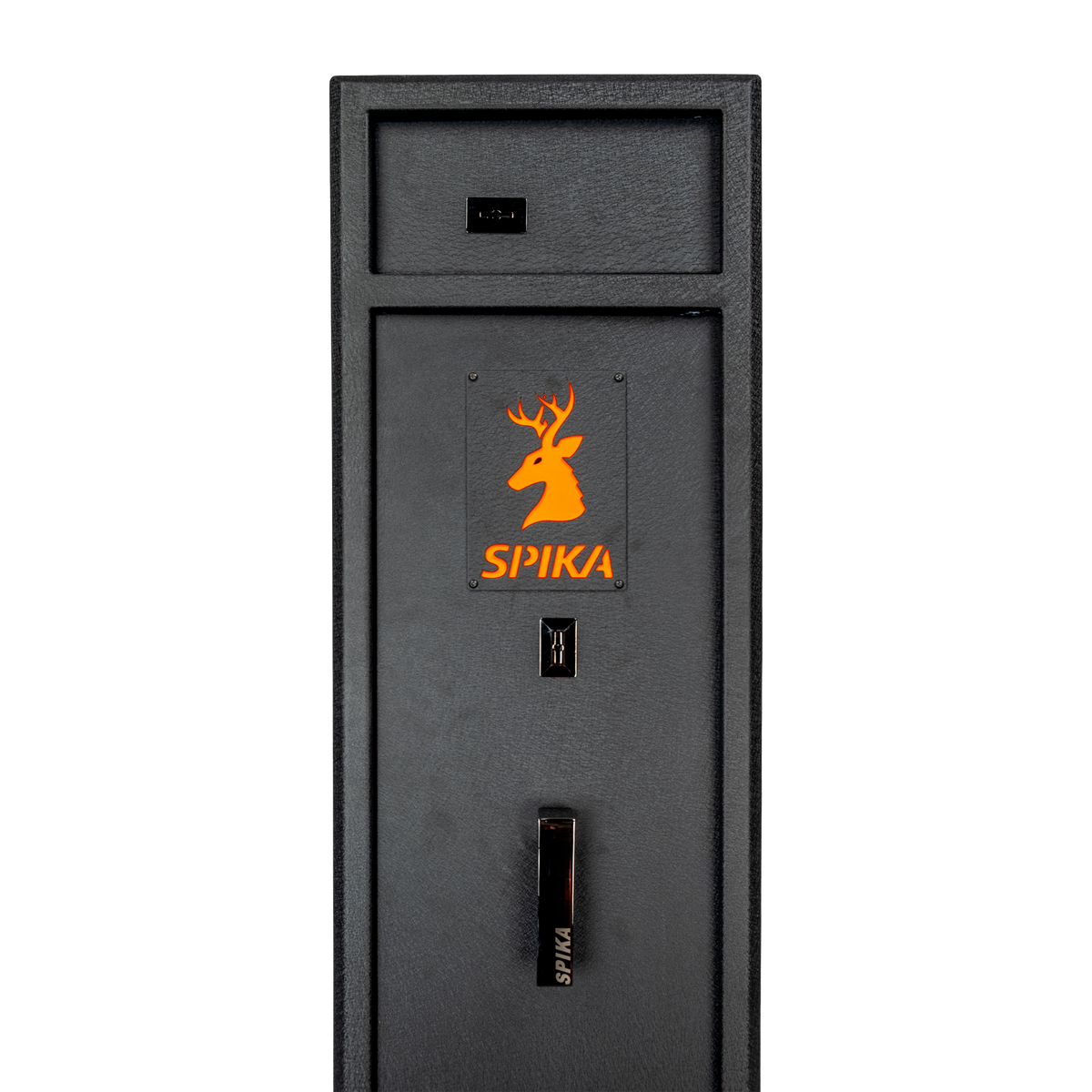 Close-up of the Spika S2 gun safe door with orange stag logo, key lock and handle