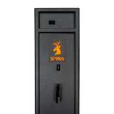 Close-up of the Spika S2 gun safe door with orange stag logo, key lock and handle