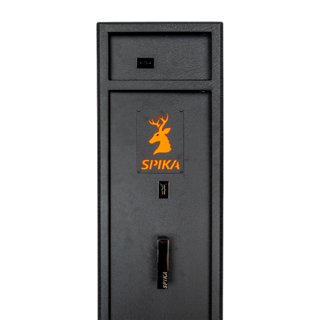 Close-up of the Spika S2 gun safe door with orange stag logo, key lock and handle