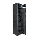 Spika S2 medium 8-gun safe open at an angle showing lockbox and barrel holders on the door