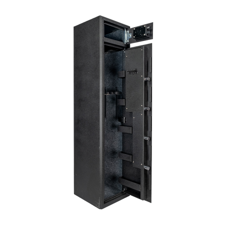Spika S2 medium 8-gun safe open at an angle showing lockbox and barrel holders on the door
