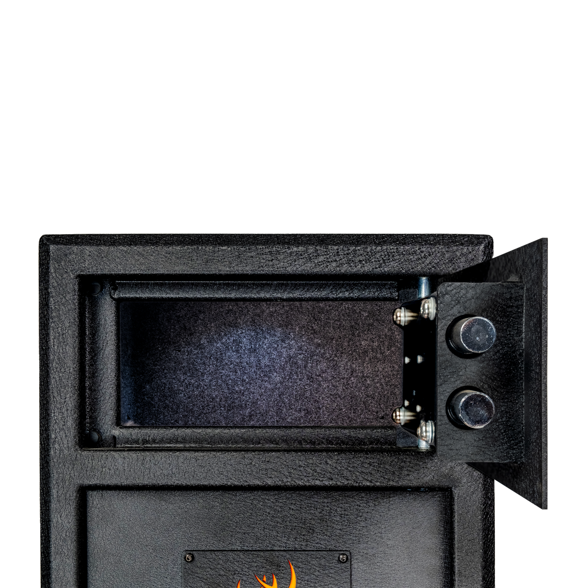 Close-up of the Spika S2 gun safe top ammo compartment open with carpet lining