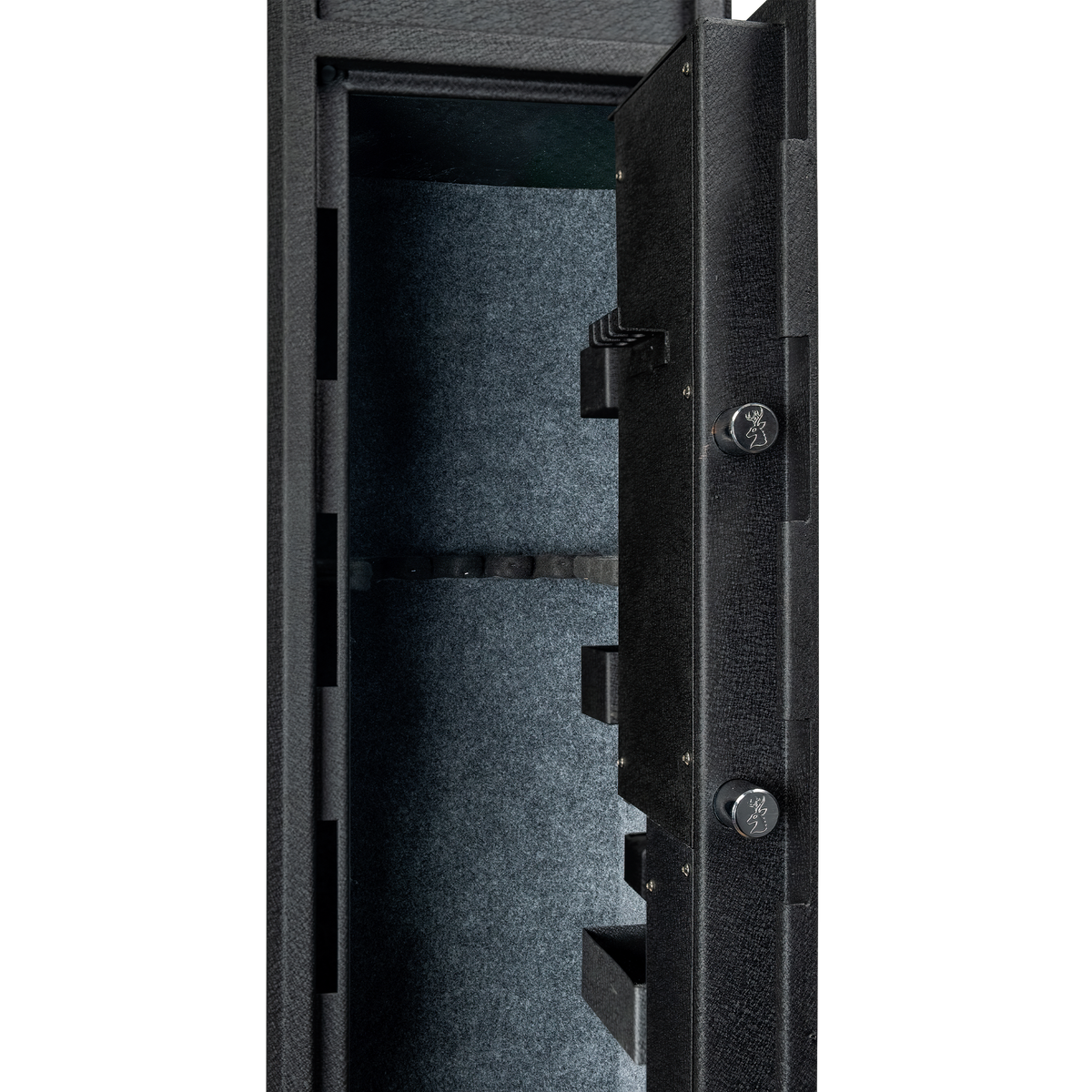 Close-up of the Spika S2 gun safe open door showing locking bolts and rifle rack