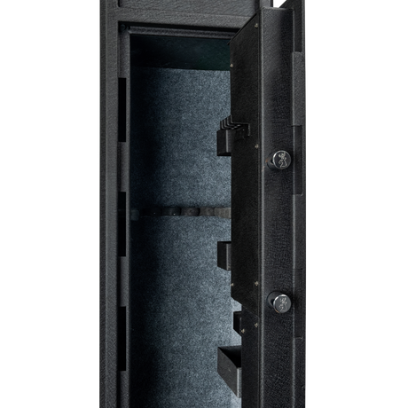 Close-up of the Spika S2 gun safe open door showing locking bolts and rifle rack