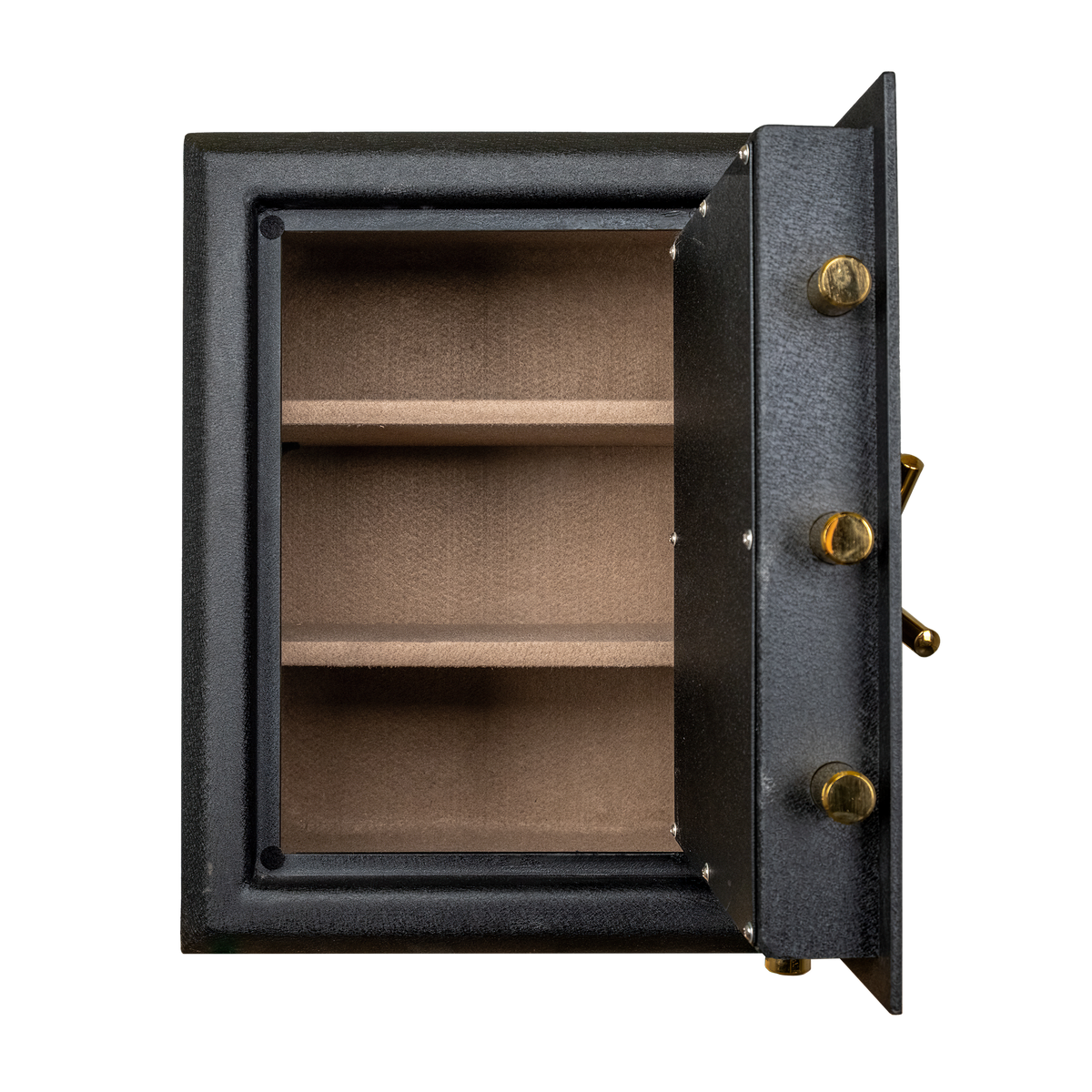 Spika premium pistol safe with door open showing tan-lined shelves and brass bolts