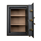 Spika premium pistol safe with door open showing tan-lined shelves and brass bolts