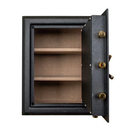 Spika premium pistol safe with door open showing tan-lined shelves and brass bolts