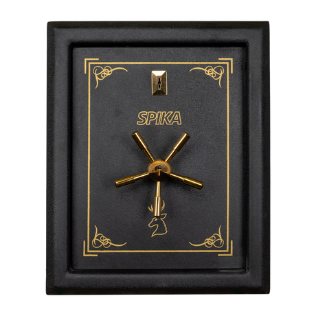 Spika premium pistol safe front view with gold pinstripe, key lock and brass spoke handle