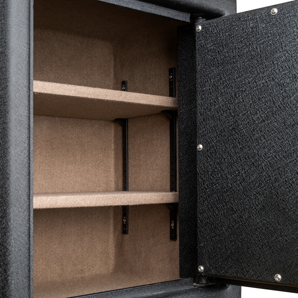 Close-up of the tan-lined adjustable shelves inside a Spika premium pistol safe