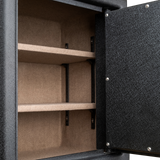 Close-up of the tan-lined adjustable shelves inside a Spika premium pistol safe