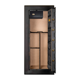 Spika premium 18-gun safe open showing tan-lined interior, top shelf and rifle rack