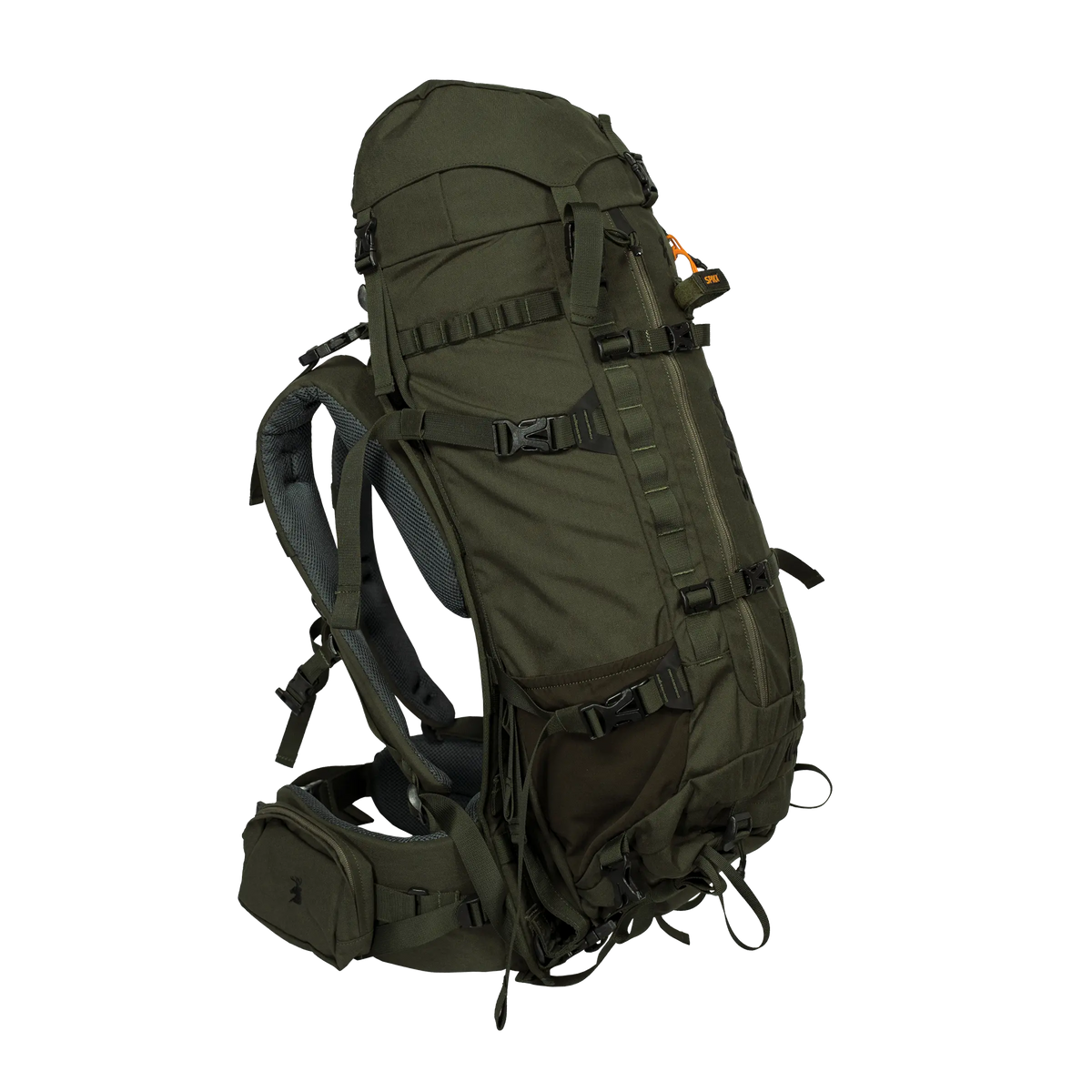 Spika Drover II Hauler 40L pack and frame in Olive Summit, three-quarter front view with side mesh pocket