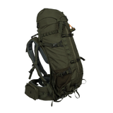 Spika Drover II Hauler 40L pack and frame in Olive Summit, three-quarter front view with side mesh pocket