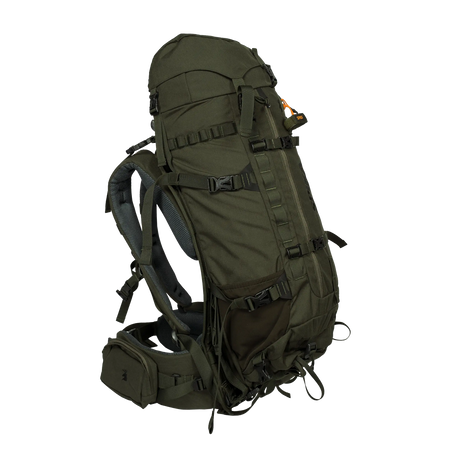 Spika Drover II Hauler 40L pack and frame in Olive Summit, three-quarter front view with side mesh pocket