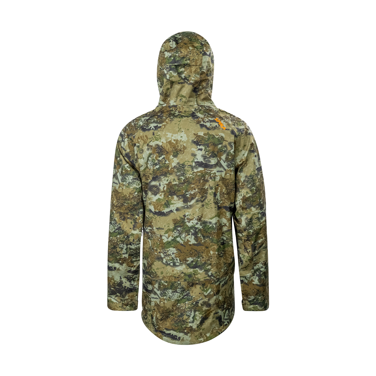 Spika Edge men's Biarri Camo waterproof jacket, back view with orange shoulder logo