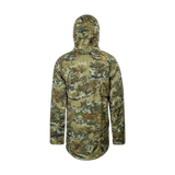 Spika Edge men's Biarri Camo waterproof jacket, back view with orange shoulder logo