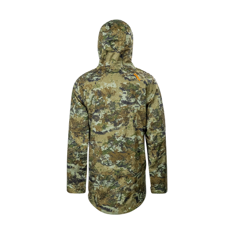 Spika Edge men's Biarri Camo waterproof jacket, back view with orange shoulder logo