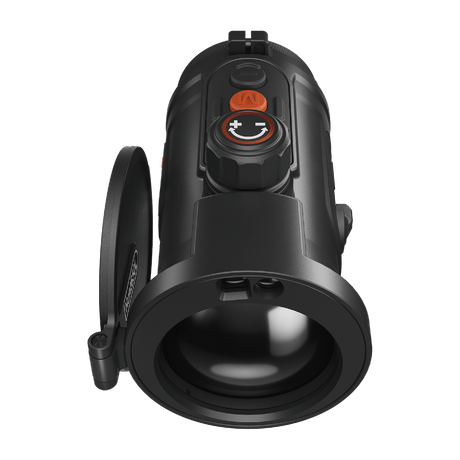 ThermTec Hunt Pro 650L thermal clip-on, top view from lens end with flip-open lens cap