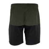 Spika Mako men's shorts in Olive/Black, back view of the elastic waist and two-tone panels