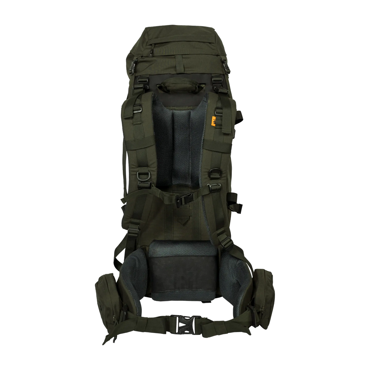 Spika Drover II Hauler 40L pack and frame in Olive Summit, rear view of harness, back panel and hip belt