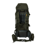 Spika Drover II Hauler 40L pack and frame in Olive Summit, rear view of harness, back panel and hip belt