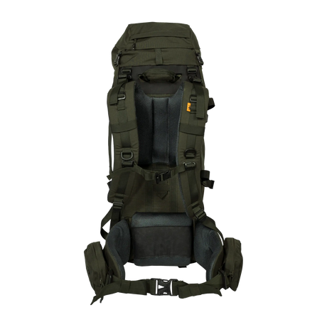 Spika Drover II Hauler 40L pack and frame in Olive Summit, rear view of harness, back panel and hip belt