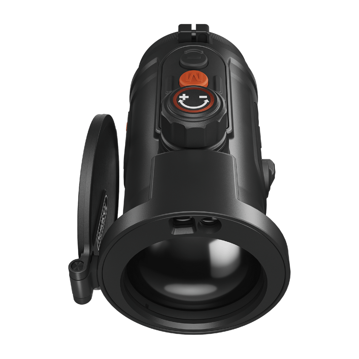 ThermTec Hunt Pro 635L thermal clip-on, front view of objective lens with hinged lens cap open