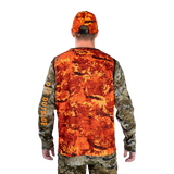 Hunter wearing the Spika Ranger vest in Biarri Blaze with a blaze cap, back view
