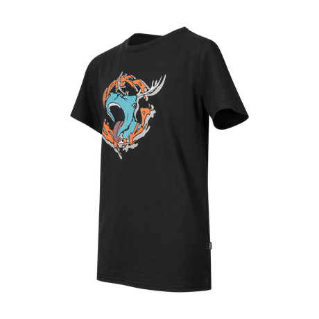 Spika GO Rogue kids' black T-shirt, three-quarter side view with roaring stag SPIKA print