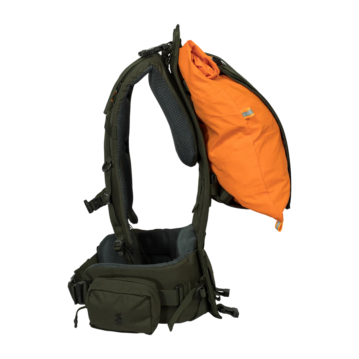 Spika Drover II Hauler frame in Olive Summit, side view carrying an orange load bag on the frame