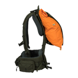 Spika Drover II Hauler frame in Olive Summit, side view carrying an orange load bag on the frame