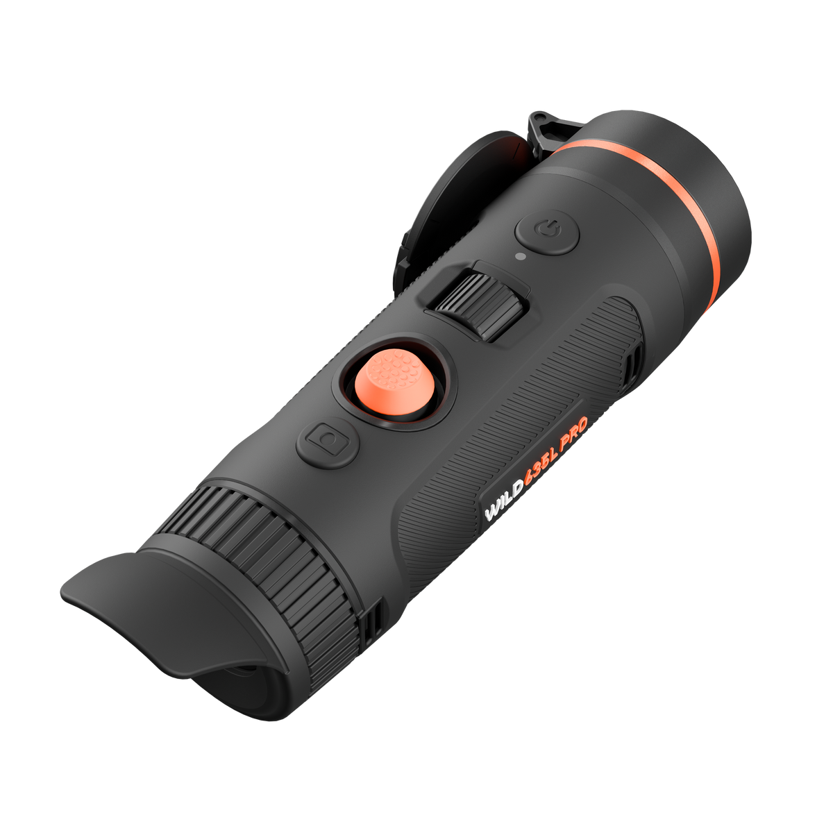 ThermTec Wild 635L Pro thermal monocular, rear three-quarter view of eyecup, orange button and scroll wheel