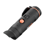 ThermTec Wild 635L Pro thermal monocular, rear three-quarter view of eyecup, orange button and scroll wheel