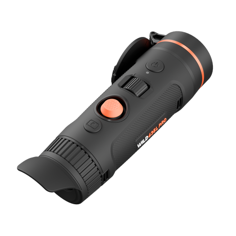 ThermTec Wild 635L Pro thermal monocular, rear three-quarter view of eyecup, orange button and scroll wheel