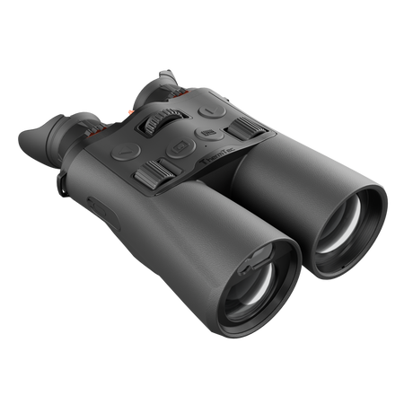 ThermTec Ventus 635L multi-spectrum binoculars in grey, front three-quarter view of objective lenses