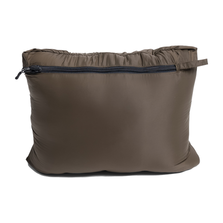 Spika Hideout men's packable puffer jacket in Mud Brown packed into its zip stuff pouch