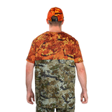 Man modelling the Spika Trail men's T-shirt in Biarri Blaze with a blaze cap, back view