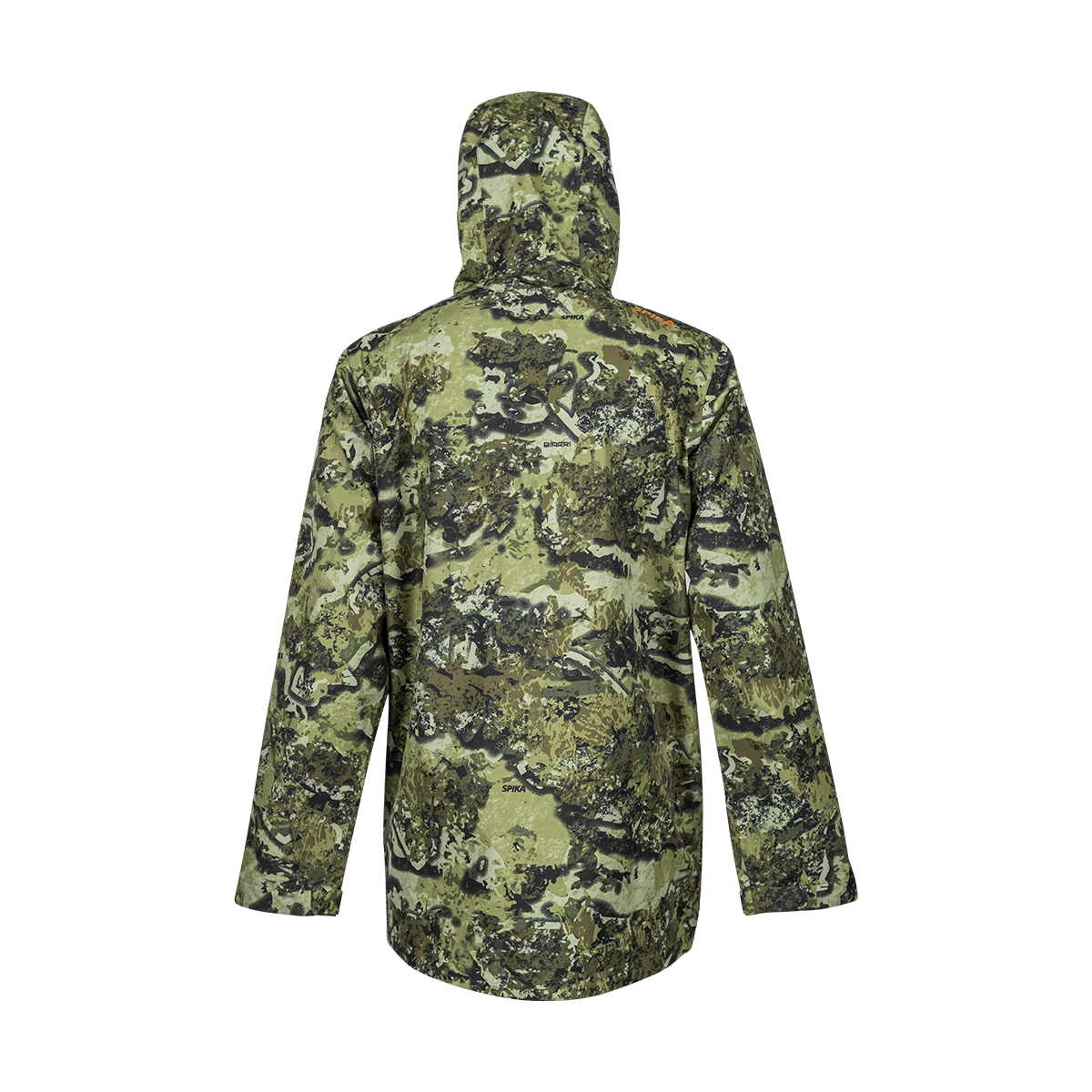 Spika Scout men's hunting jacket in Biarri Camo, back view with hood