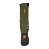 Spika Strike adult gaiter in Olive fitted over a boot, front view with orange Spika logo
