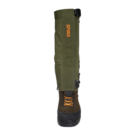 Spika Strike adult gaiter in Olive fitted over a boot, front view with orange Spika logo