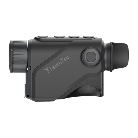 ThermTec Cyclone 315 thermal monocular in dark grey, opposite side showing ThermTec logo and focus dial
