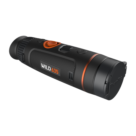 ThermTec Wild 635 thermal monocular, front three-quarter view with the lens cap closed