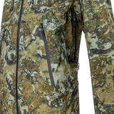 Spika Edge men's Biarri Camo jacket close-up of the waterproof front zip and chest pocket zips