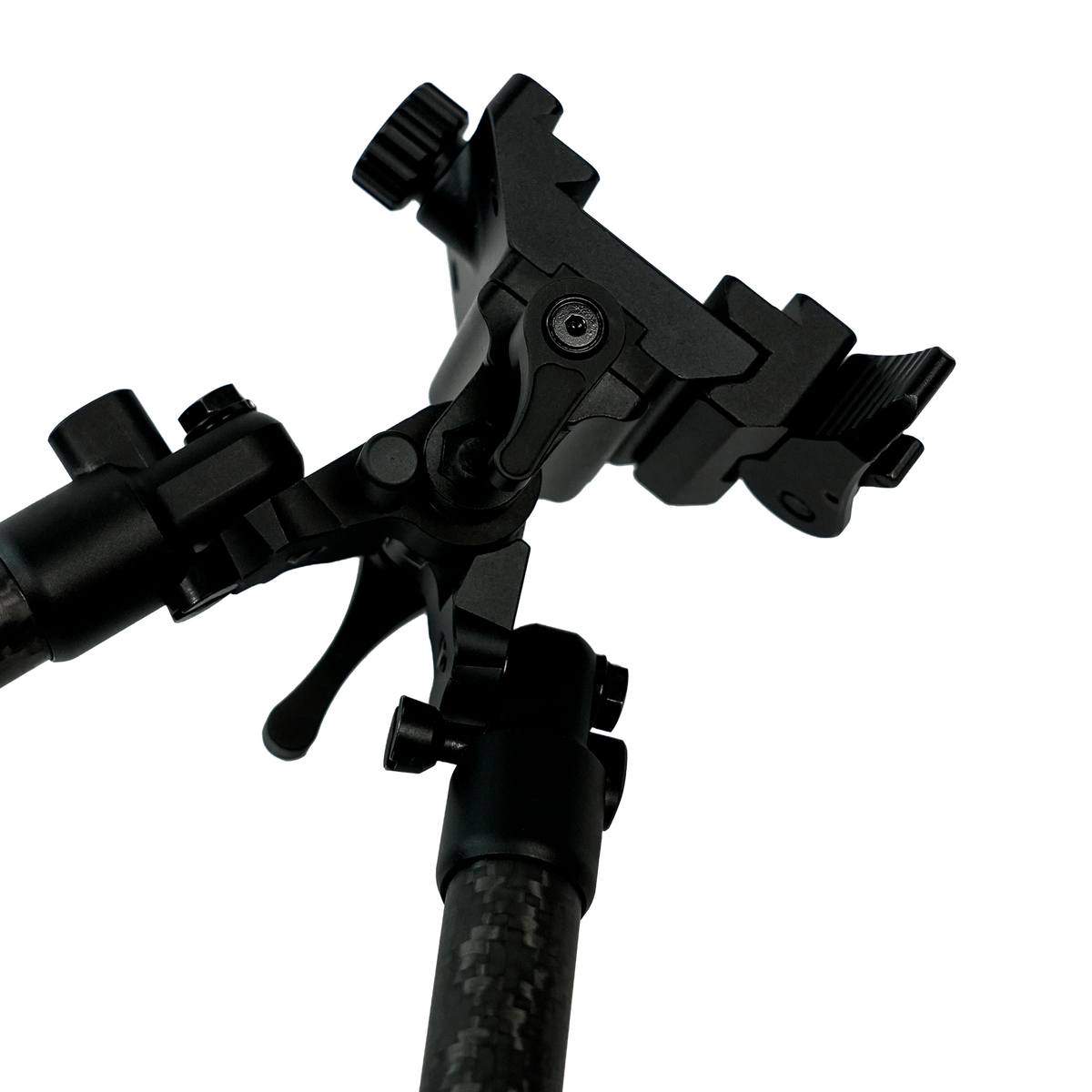 Close-up of the Velocity Carbon Bipod picatinny and ARCA mount with tilt lever