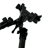 Close-up of the Velocity Carbon Bipod picatinny and ARCA mount with tilt lever