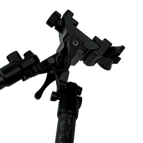 Close-up of the Velocity Carbon Bipod picatinny and ARCA mount with tilt lever