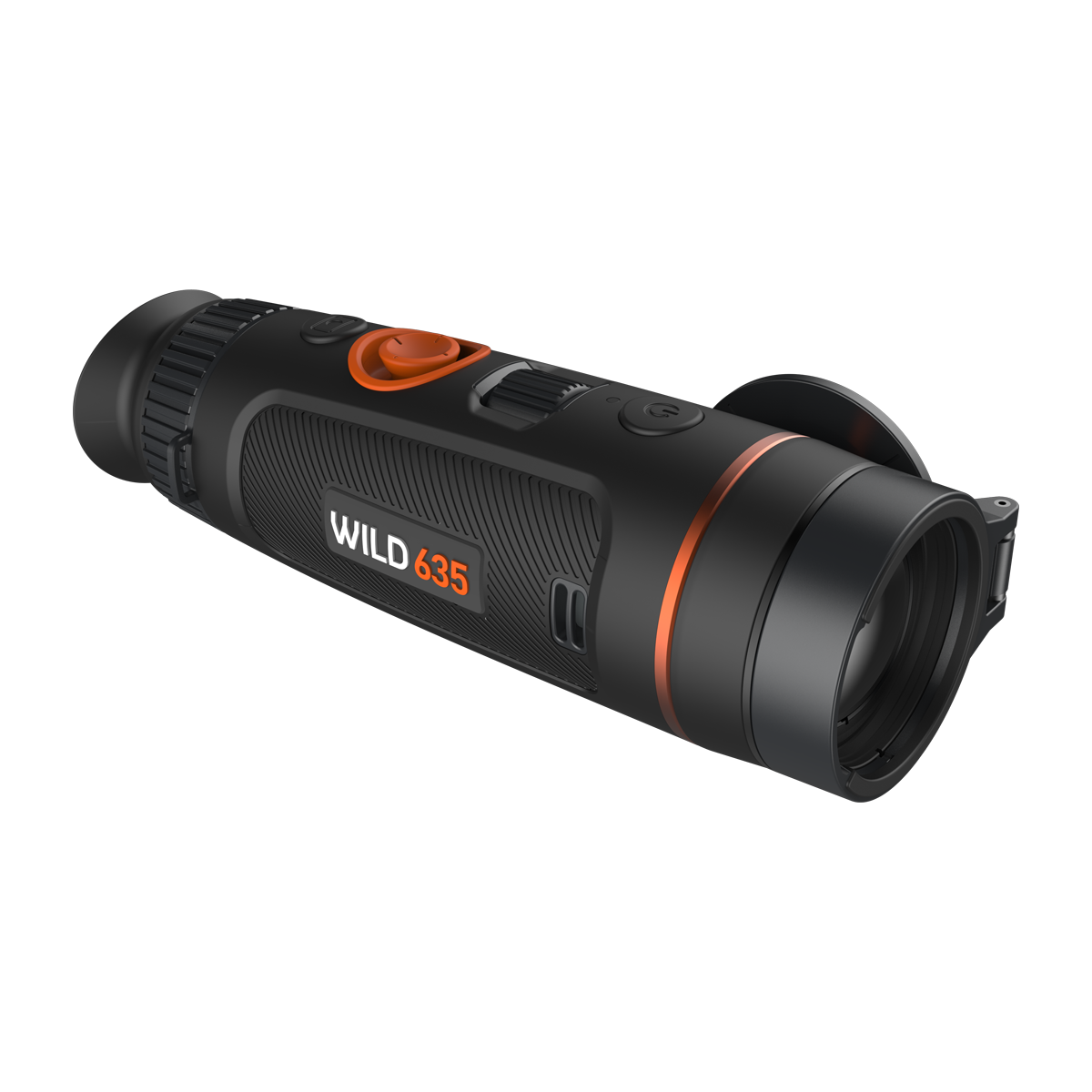 ThermTec Wild 635 thermal monocular, front three-quarter view with lens cap open and Wild 635 badge