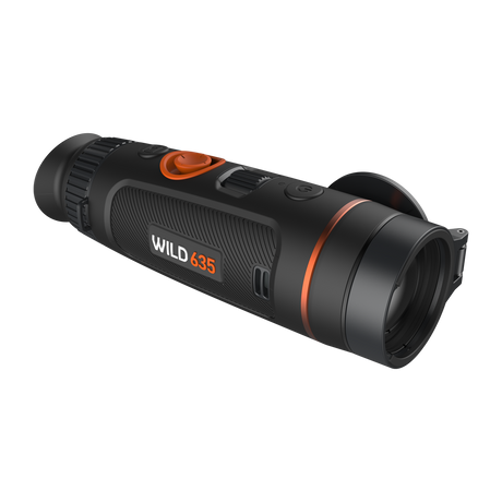 ThermTec Wild 635 thermal monocular, front three-quarter view with lens cap open and Wild 635 badge