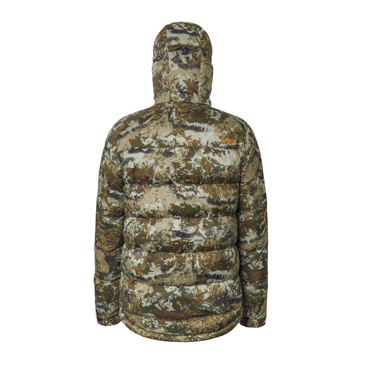 Spika Terra men's puffer jacket in Biarri Camo, back view with hood and orange shoulder logo